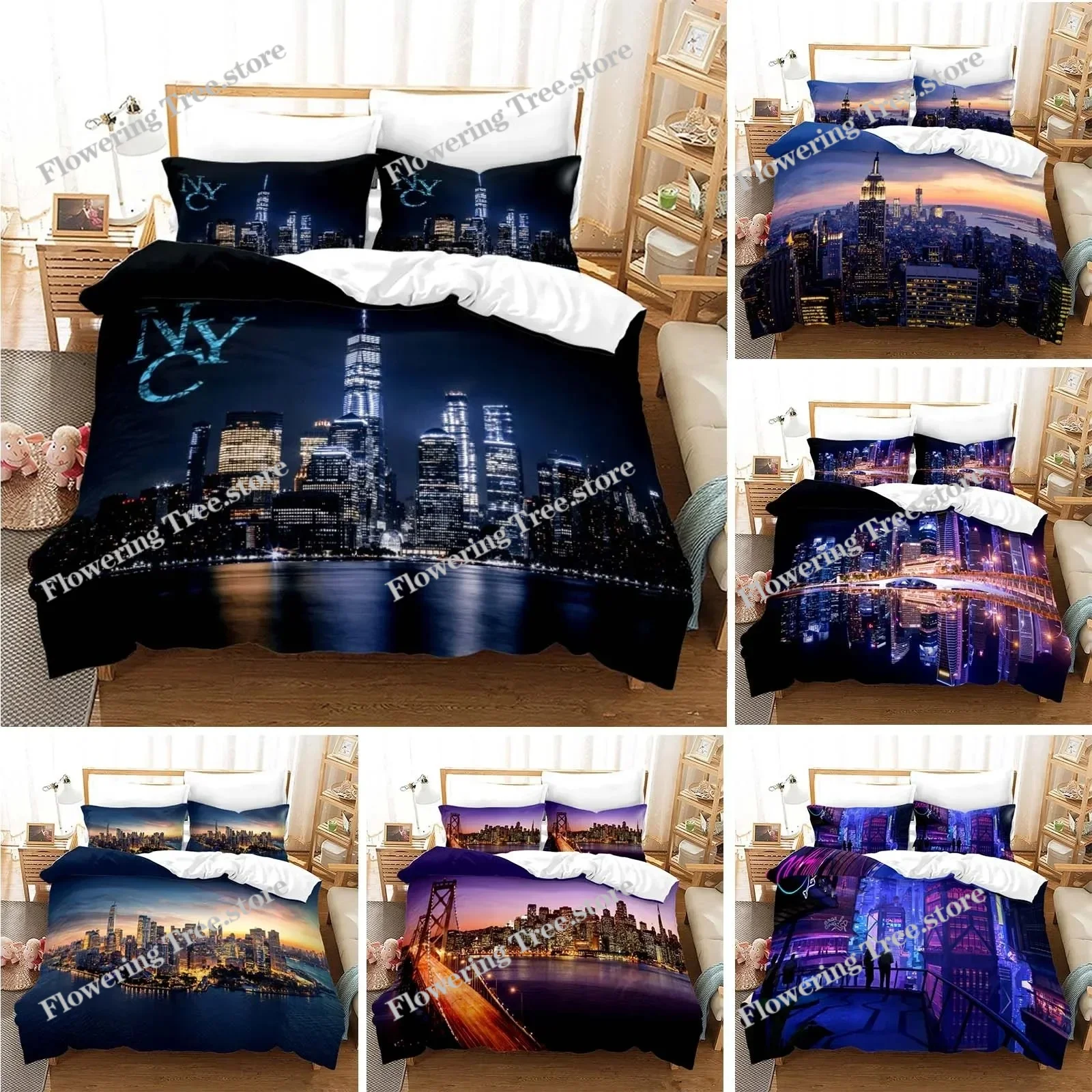 Home Textiles New York - Set Tempat Tidur Pemandangan Malam Kota